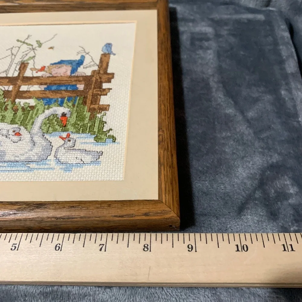 Needlepoint Art Framed Girl Swans Blue Brown Cottagecore Vintage